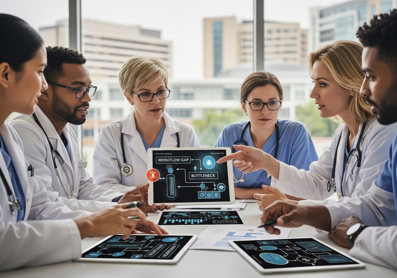 Healthcare professionals collaborating to solve workflow gaps and bottlenecks