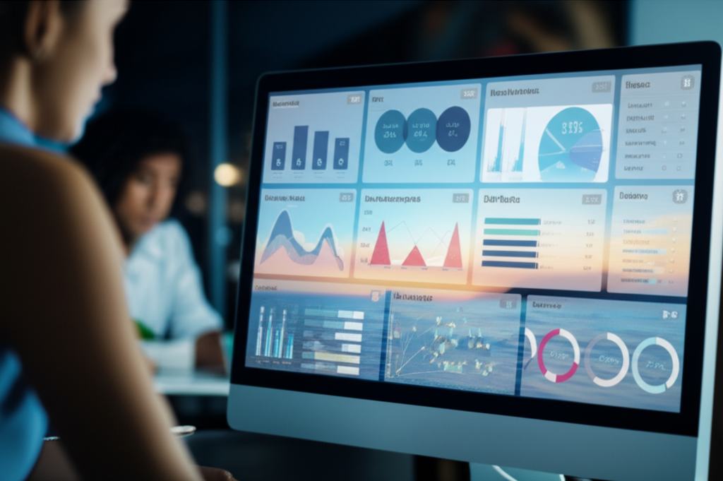 Healthcare administrator reviewing financial performance and operational data in modern office setting