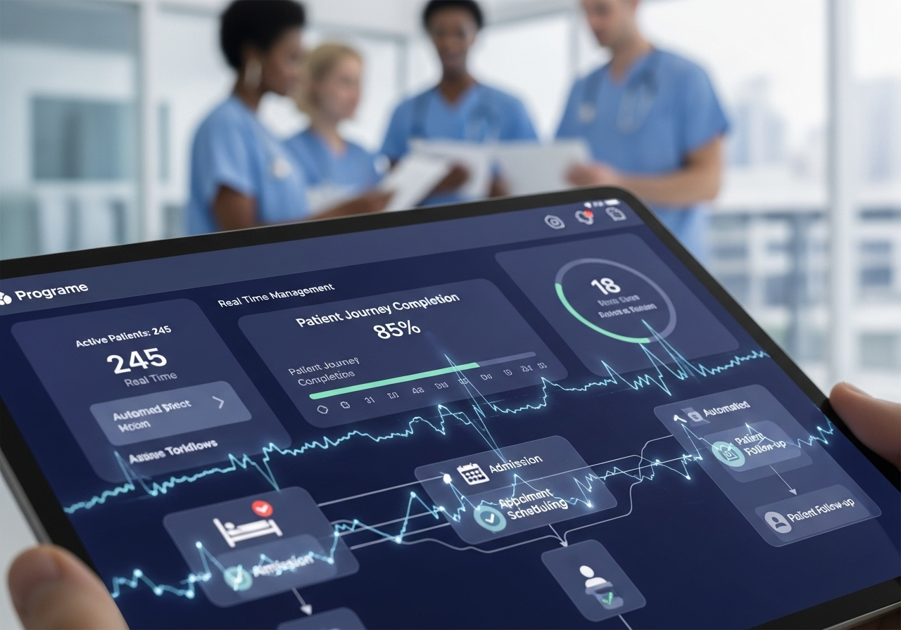 Care coordination dashboard showing real-time patient management, automated workflows, and program analytics