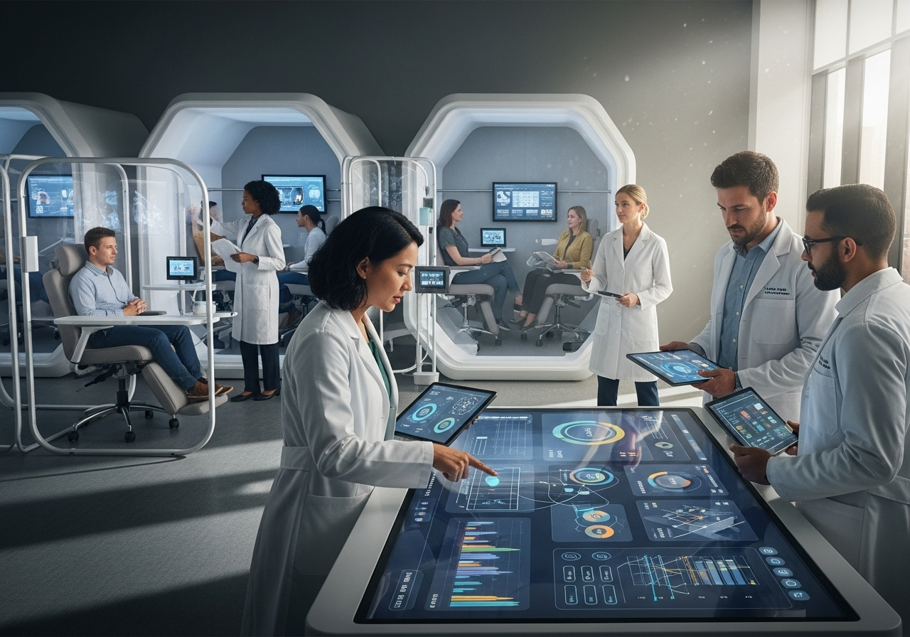 Advanced clinical research facility with researchers using interactive data displays and digital analytics