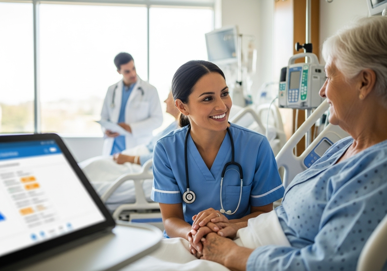 Nurse providing compassionate bedside care to elderly patient, demonstrating focus on patients over paperwork