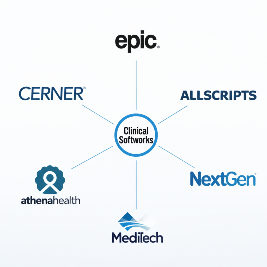 A visual of seamless EHR integration, showing logos for Epic, Cerner, Allscripts, Meditech, athenahealth, and NextGen connected to a central hub.