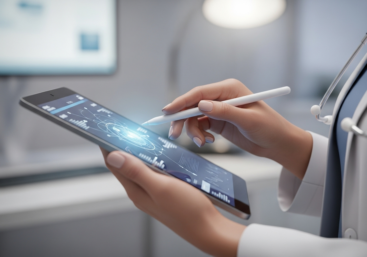 Healthcare professional using precision analytics on tablet for targeted campaign optimization and data-driven marketing decisions